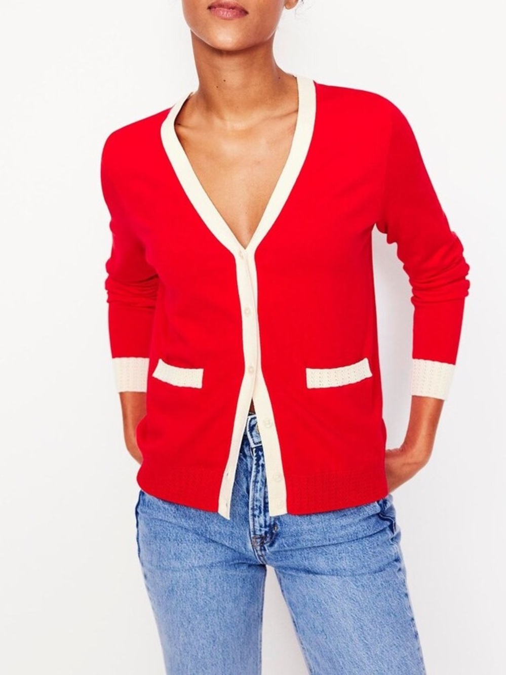 Boden Red Emilia Cotton V Neck Cardigan - Poppy Red